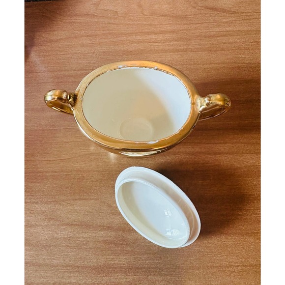 Homer Laughlin Georgian eggshell 22K gold lidded sugar creamer an dessert plate - Picture 6 of 10